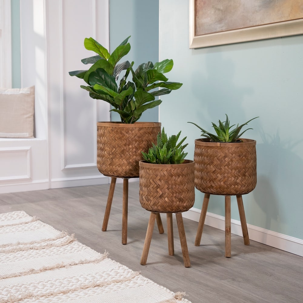 Sagebrook Home Neutral Boho Wicker Planter Stand Set, Versatile Indoor Garden Decor