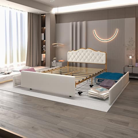 Fulll Size Metal Frame, Solid Wood Ribs Bed with Buckle Backrest, Storage Drawers