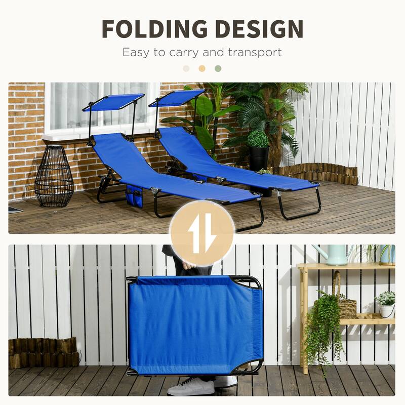 Outsunny Folding Chaise Lounge Pool Chairs, Set of 2 Outdoor Sun Tanning Chairs with Sunshade Face Guard