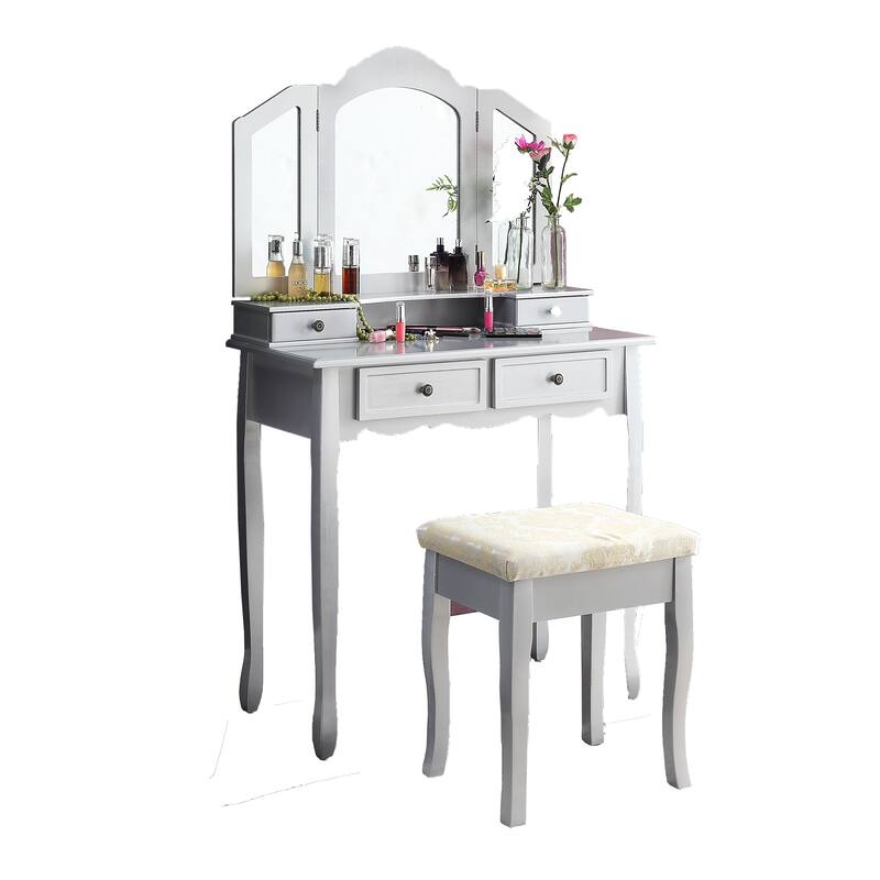 Wooden Vanity Table and Upholstered Stool Set, with 3-Panel Mirror and Ample Storage Drawers