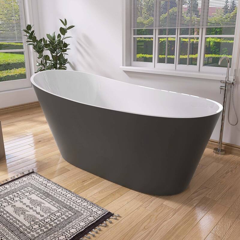 59 Inch Acrylic Single Slipper Freestanding Flatbottom Soaking Bathtub in Matte Grey