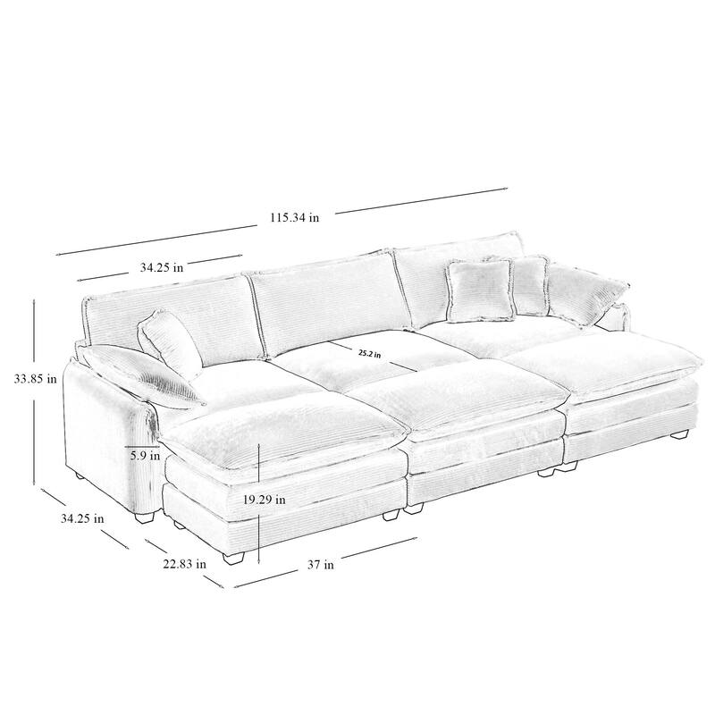 Beige 6-Piece Corduroy Modular Sleeper Sectional Sofa with 3 Ottomans & 5 Pillows
