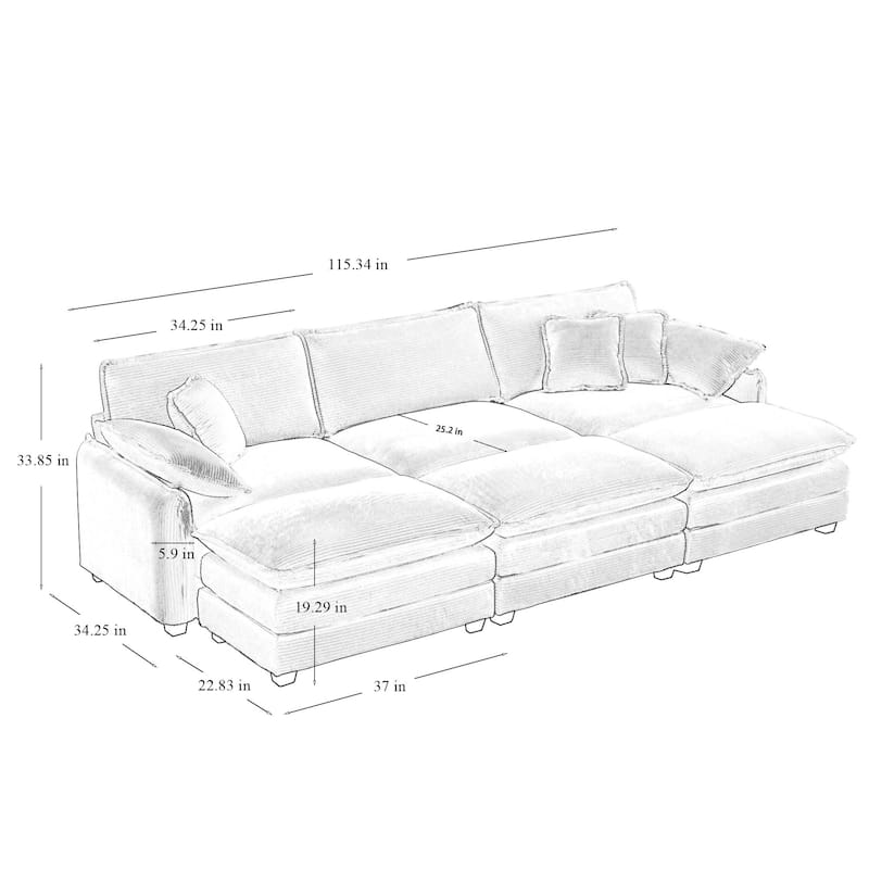 Grey 6-piece Corduroy Modular Sleeper Sectional Sofa with 3 Ottomans