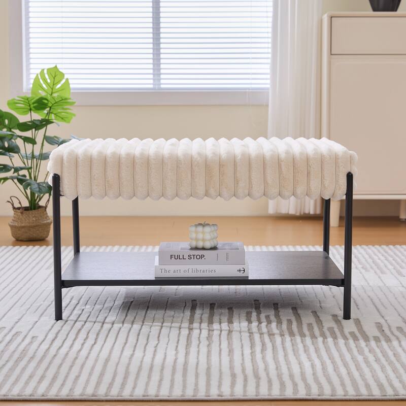 Modern Faux Fur Upholstered Bench with Open Storage Shelves, Metal Frame Shoe Bench Ottoman for Entryway, Bedroom - Beige