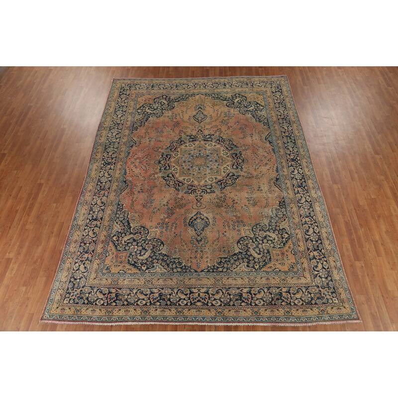 Traditional Mashad Persian Vintage Area Rug Hand-Knotted Wool Carpet - 9'5"x 12'5"
