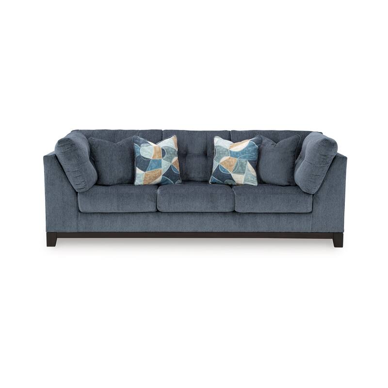 Maxo Sofa, 100 Inch Tufted Rich Blue Polyester, 5 Accent Throw Pillows