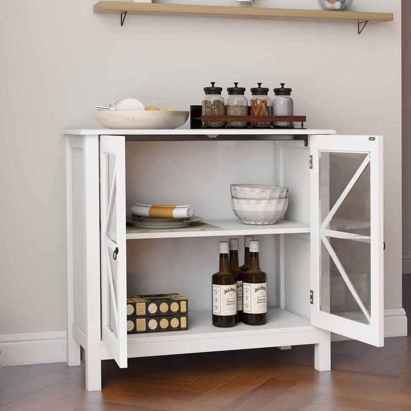 Retro Style Wood Storage Cabinet with Glass Doors For Kitchen or Living Room Use