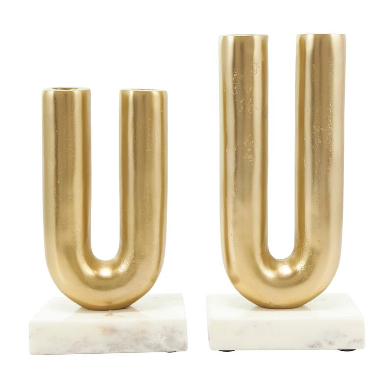 Gold or Black Aluminum U-Shaped Geometric Candle Holder with Marble Bases (Set of 2)