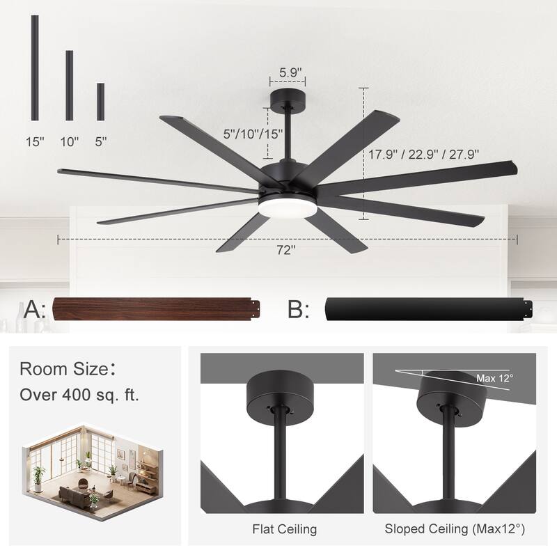 Large 72" Reversible 8-Blade Integrated Ceiling Fan with LED Light Kit and Remote