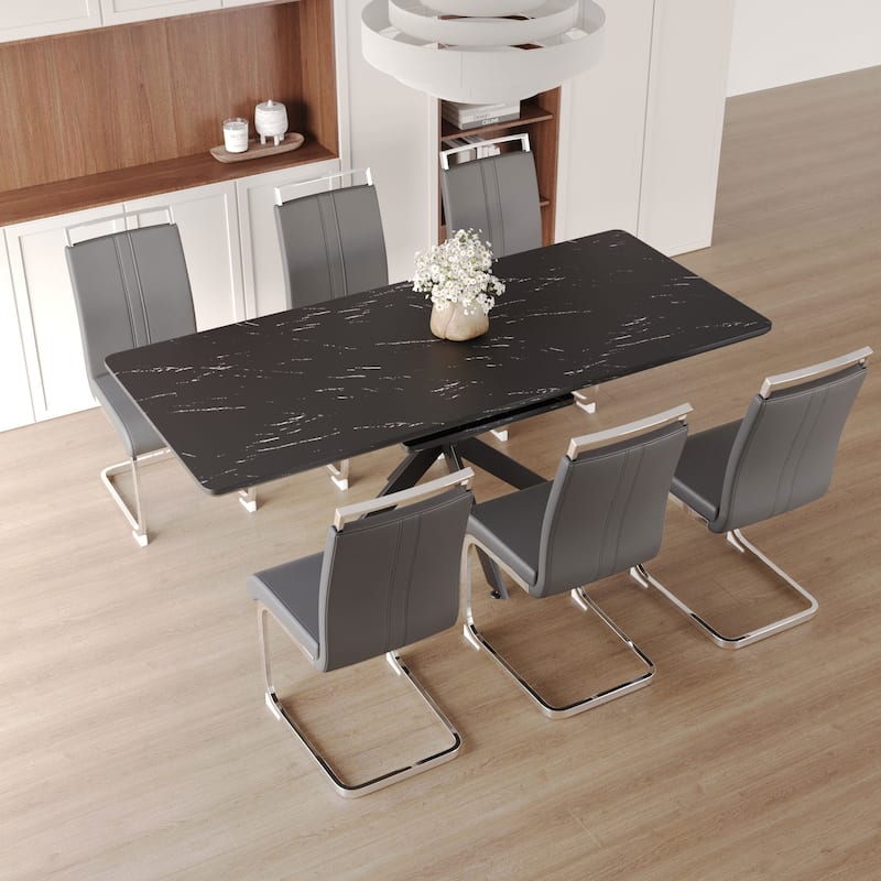 Modern Dining Set with Rectangular Extendable Large Table & C-shaped Tube Soft Padded Armless Chairs