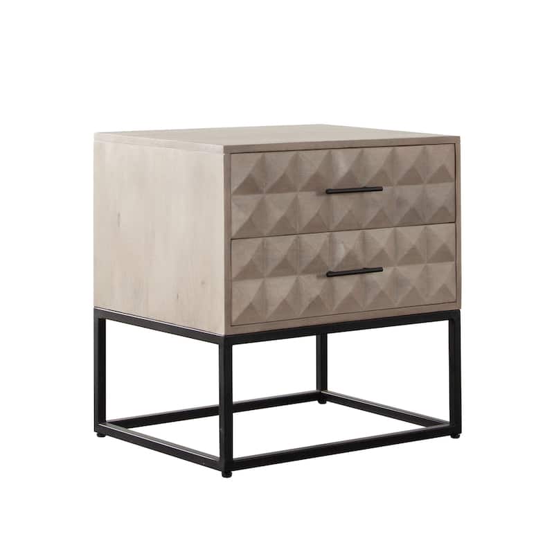 Zoe End Table Nightstand, Ash Gray Carved Fronts, Black Metal Base