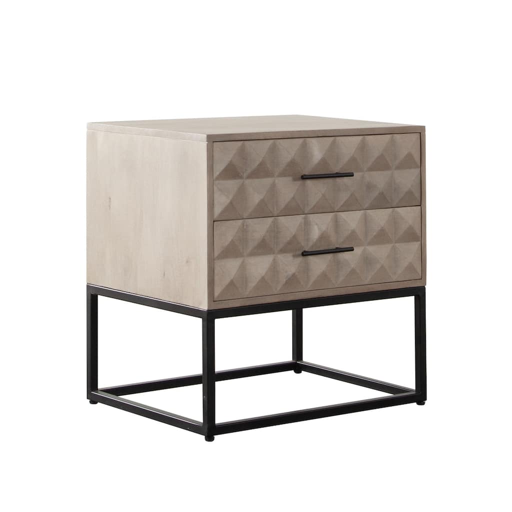 Zoe End Table Nightstand, Ash Gray Carved Fronts, Black Metal Base