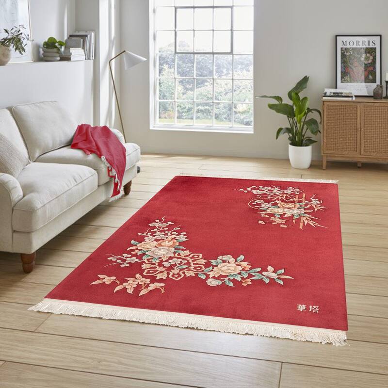 Gertmenian Oriental Estate Traditional Oriental Floral Border Metallion Hand Knot Wool Area Rug Collection - Verdant Red - 3x5