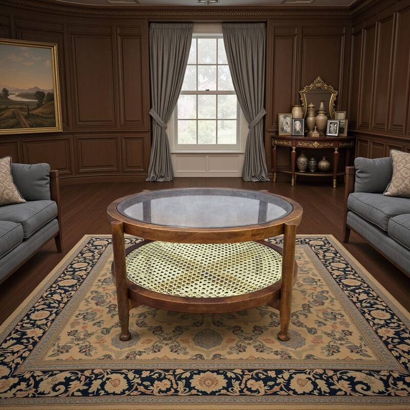 30" Hyacinth Round Coffee Table with Shelf - Elegant Glass Top and Wooden Frame Storage Table - Gold