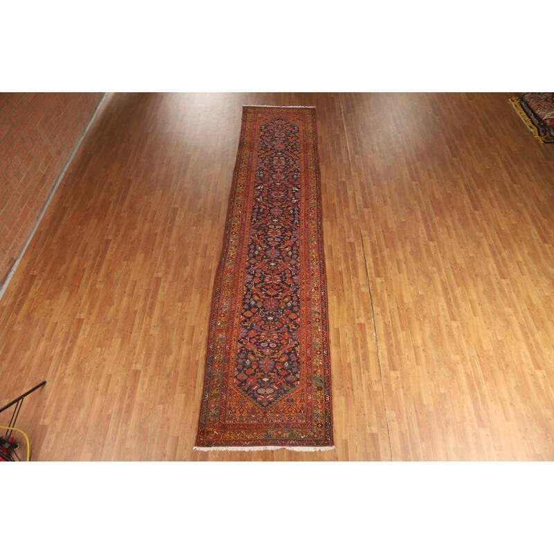 Hand Knotted Oriental 100% Wool Carpet Traditional Floral Navy Blue & Blues Malayer Runner Rug - 15' 8'' X 3' 7''