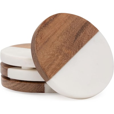 4 Pack Natural Marble & Acacia Wood Round Coasters 4.75" Elegant Heat Tolerant Protects Surfaces