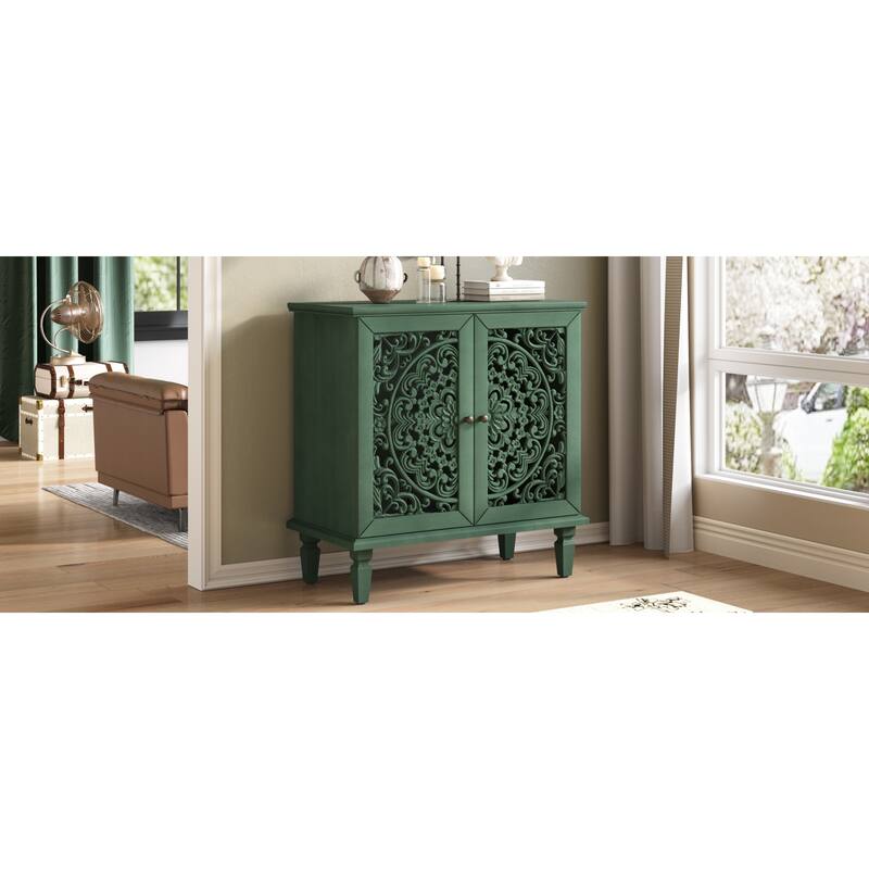 Roomfitters 2-Door Hollow-Carved Accent Cabinet, Symmetrical Floral Sideboard with Adjustable Shelf