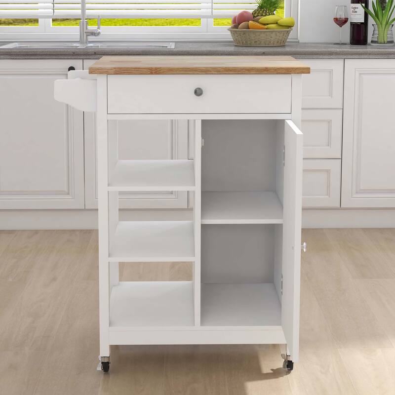 White Rolling Kitchen Island with Towel Rack - White