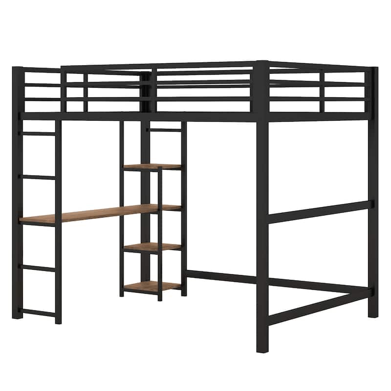 Full Size Metal Loft Bed with Built-in Desk and Storage Shelves