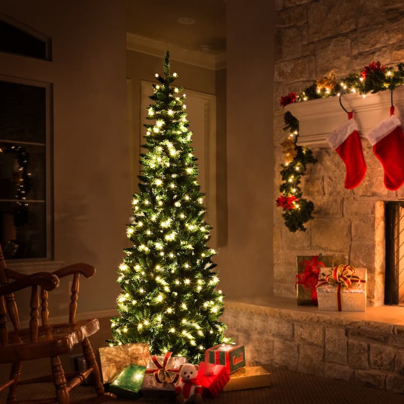 Pre-Lit PVC Artificial Pencil Christmas Tree Warm White Lights & Stand - 6.5 Foot
