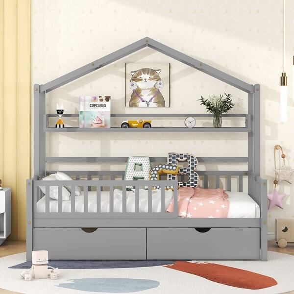 slide 2 of 56, Wooden Twin Size House Bed with 2 Drawers and Shelf, Kids Playhouse Bed Twin Grey