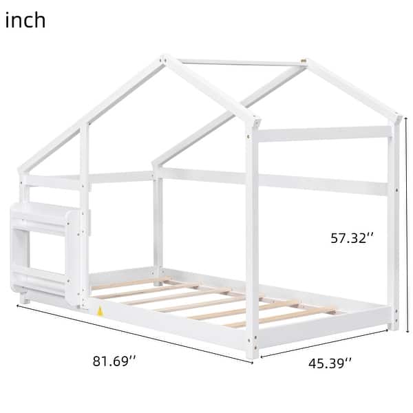 dimension image slide 0 of 2, Nestfair Twin Size Wooden House Bed with Twin Floor Wooden Bed with Shelf and No Box Spring Needed