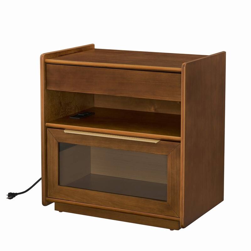 Mid Century Modern 2-Drawer Nightstand with Charging Station and Open Shelf for Bedroom Storage and Convenience