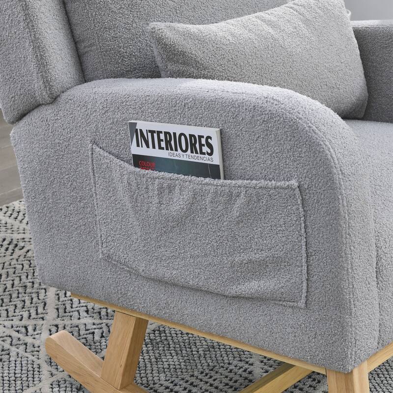 High Back Rocker Accent Chair with Wood Base, One Lumbar Pillow and Two Side Pockets