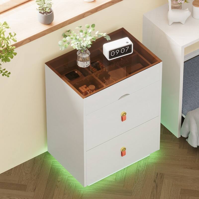 3 Storage Drawers Nightstand with Glass Top Jewelry Storage and Faux Leather Handles