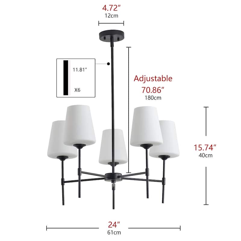 Modern Matte Black 5-Light Kitchen Island Chandelier with Milk White Glass Shades