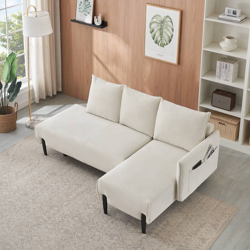 79.50 inches long, Corduroy Sofa Fabric, with three matching pillows and spacious and comfortable seats