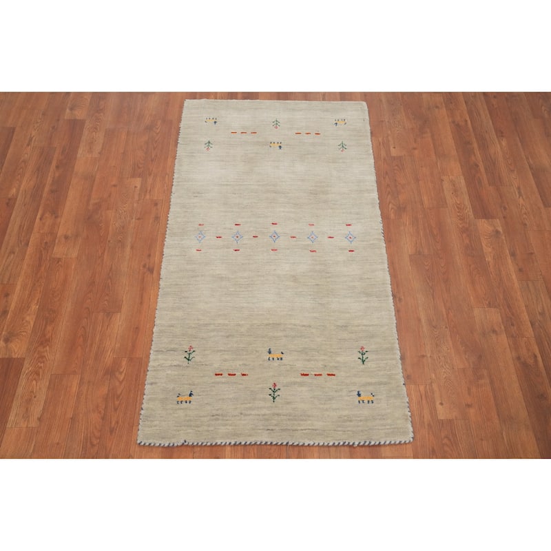 Hand Knotted Oriental 100% Wool Carpet Tribal Animal Pictorial Beige & Ivories Gabbeh Runner Rug - 4' 6'' X 2' 5''