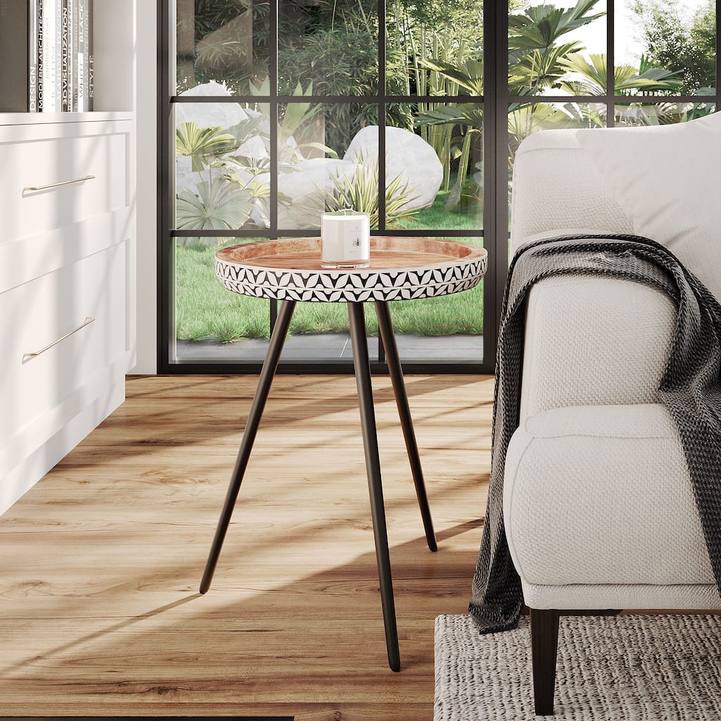 Breanna Round Wood and Bone Inlay Side Table by East at Main