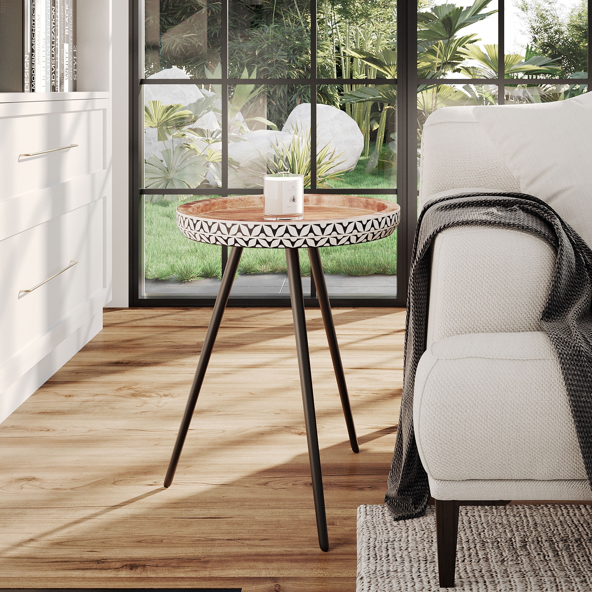 Breanna Round Accent Table with Bone Inlay Tray-Top – Solid Mango Wood, Black & White by East at Main
