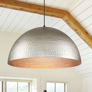 1-Light 24 inches Farmhouse Industrial Large Metal Hammered Antique Silver Oversized Dome Pendant Light - 24"D