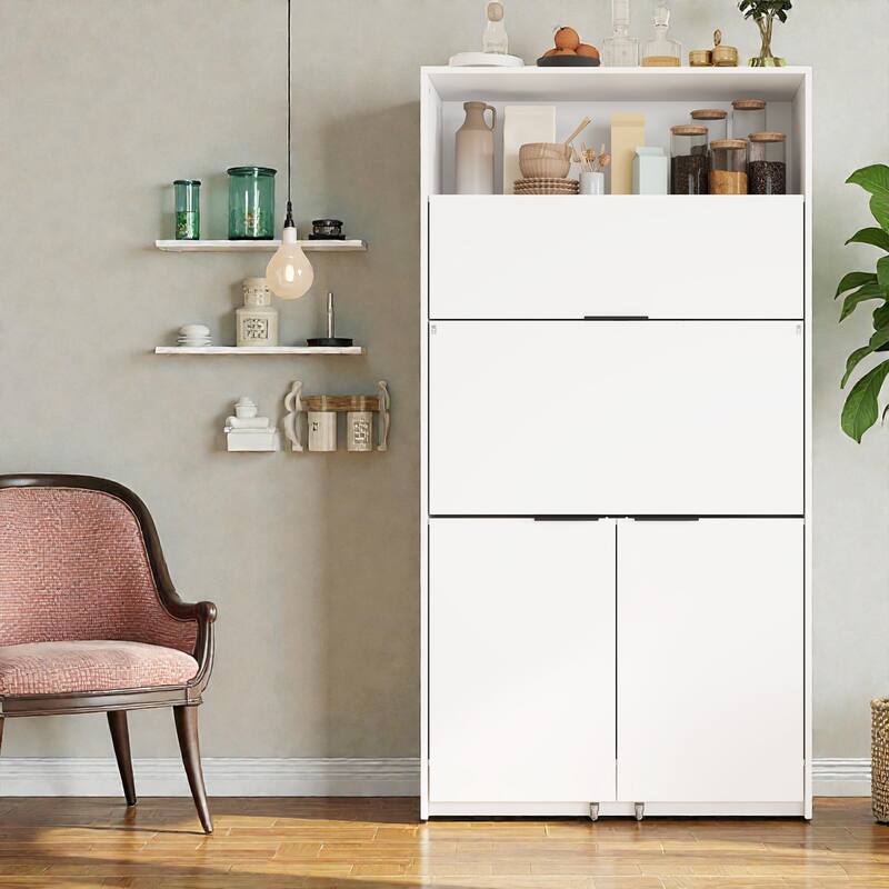 Compact Kitchen Pantry Cabinet with Hutch, Foldable Workstation, Power Outlet, 69 Inch Buffet Storage - White