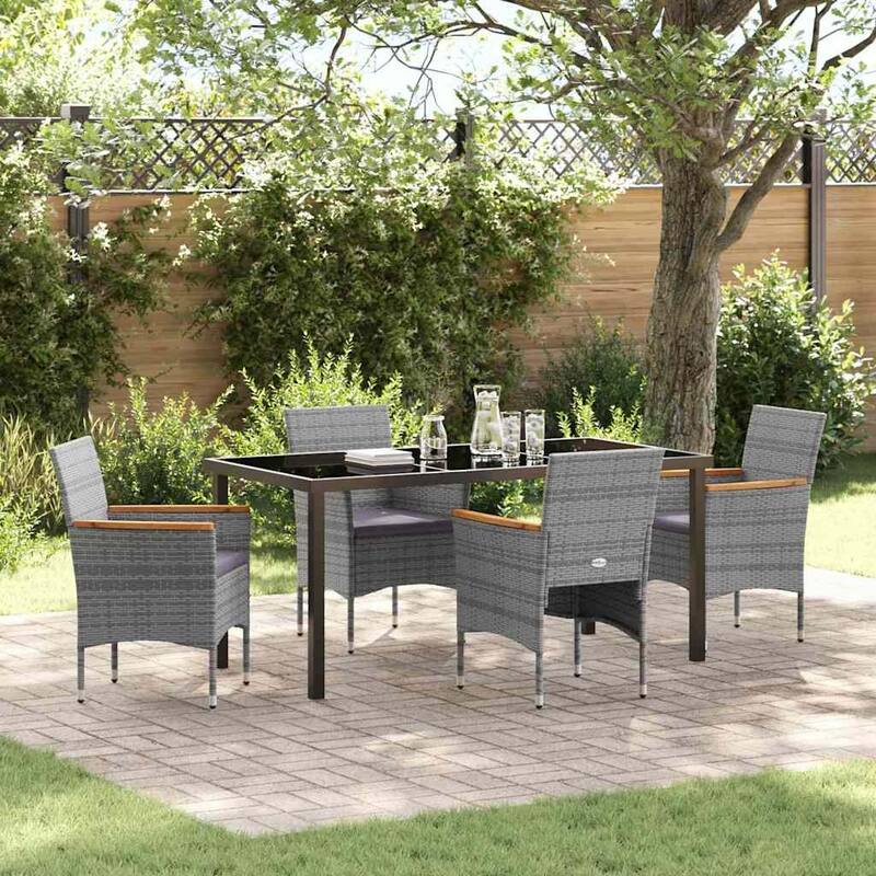 vidaXL Garden Dining Set with Cushion Black Poly Rattan - Grey-21.65x22.83x33.07 in.
