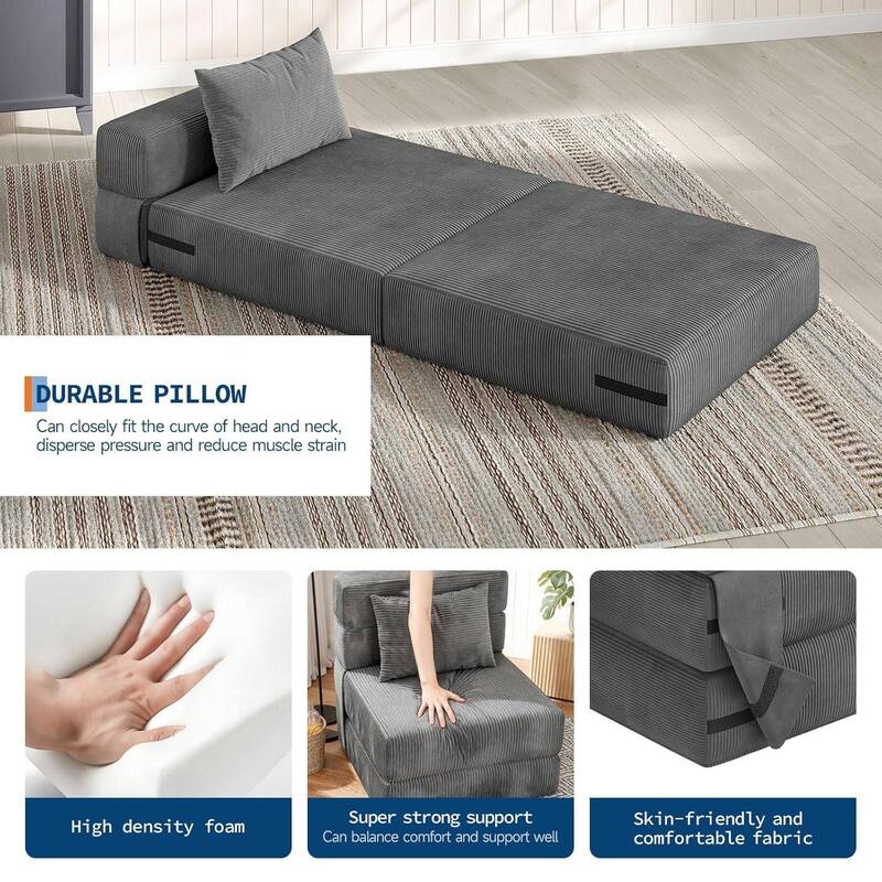 4-in-1 Folding Sofa Bed Chair Bed, Convertible Sleeper with Pillow, Single