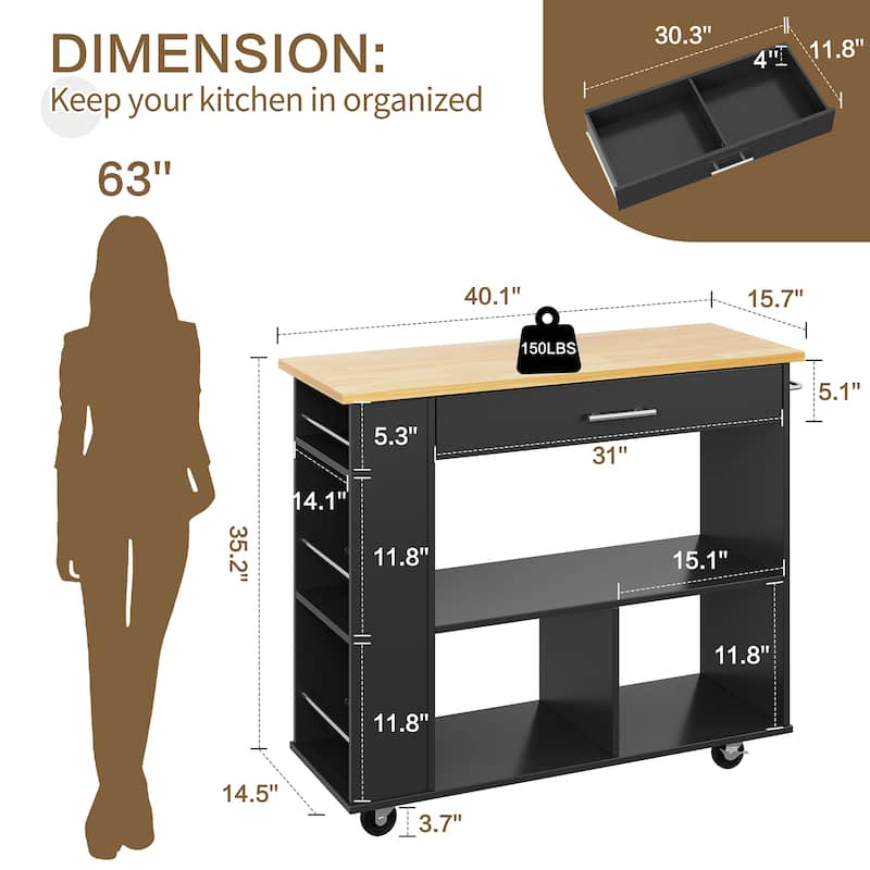 Kitchen Island with Towel Rack – Mobile Cart with Rubber Wood Top, Easy-Glide Storage