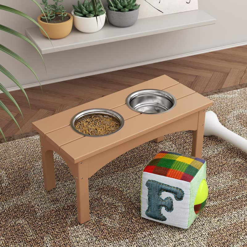 Polytrends Elevated Pet Feeder with Stainless Steel Bowls - N/A - Teak