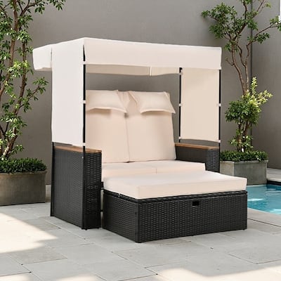 2-Piece Outdoor Rattan Daybed Set with Adjustable Canopy and Cushions, 5 Reclining Positions and Hidden Storage Bench
