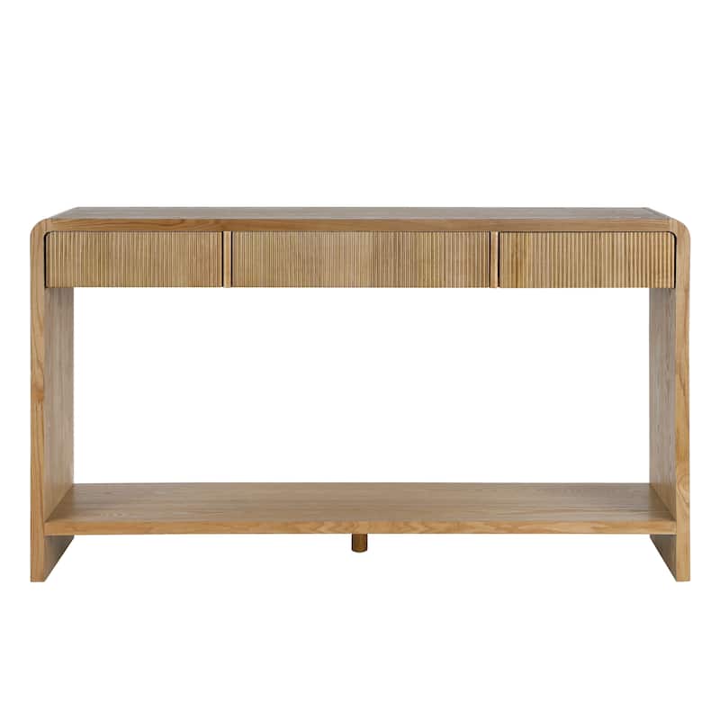 Modern 3-Drawer Console Table Featuring Vertical Slats and Round Edge Design, Ideal for Entryway, Hallway.