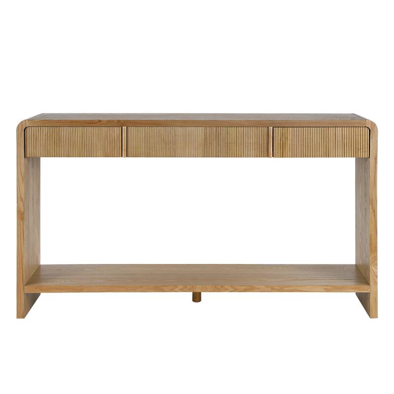 Round Edge Design Modern Console Table with 3 Drawers Vertical Slats