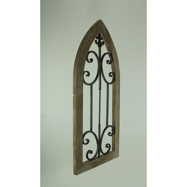 Large 3D Window Gate Open Wall Sculpture Iron Scrollwork Distressed Wood 48" H 