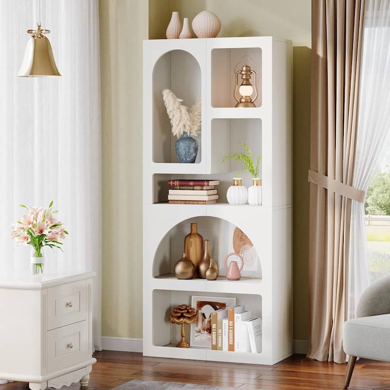 Modern 70" Tall Geometric Bookshelf, Arched Bookcase with 5 Irregular Storage Shelves