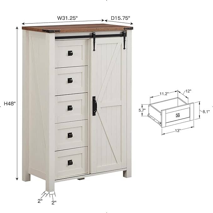 Farmhouse 5 Drawers Dresser, Chest of Drawers, Organizer Dresser