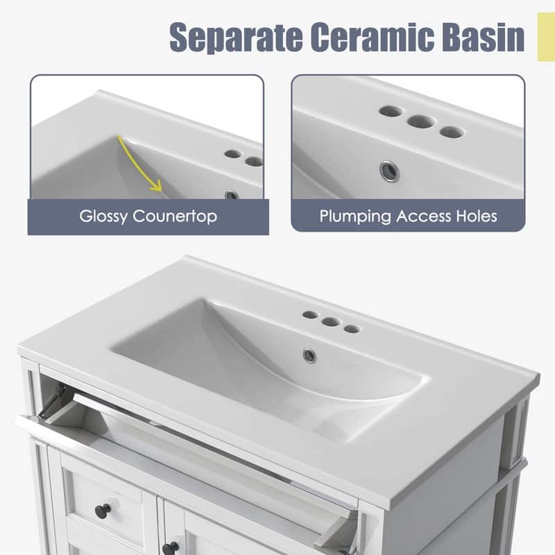 30" Modern Bathroom Vanity with Top-Mounted Sink, Featuring Two Drawers, A Tip-Out Drawer, And A Sleek Single-Sink Design .