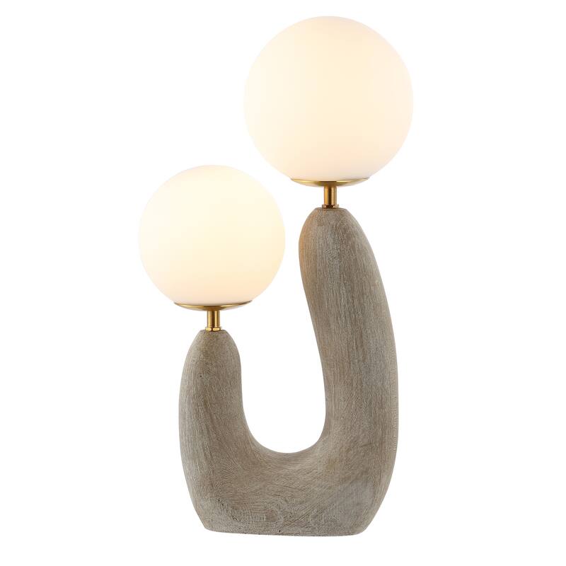Oda 18" 2-Light Mid-Century Scandinavian Resin/Iron/Frosted Glass Cactus LED Table Lamp, Gray Wood Finish by JONATHAN Y - 18" - Gray Wood Finish/Brass Gold