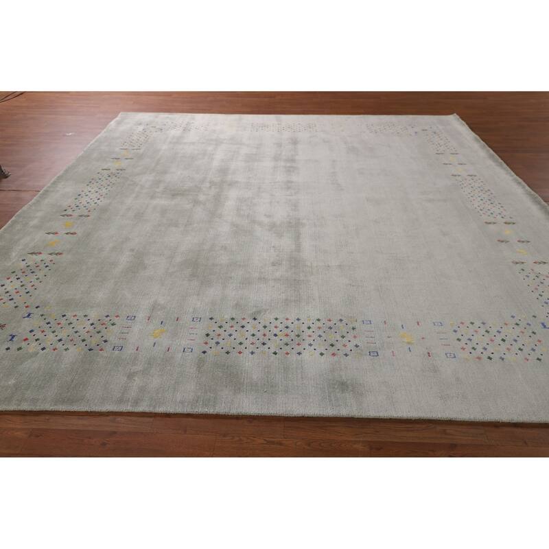 Green Gabbeh Oriental Square Area Square Rug Hand-Knotted Wool Carpet - 9'4" x 10'0"
