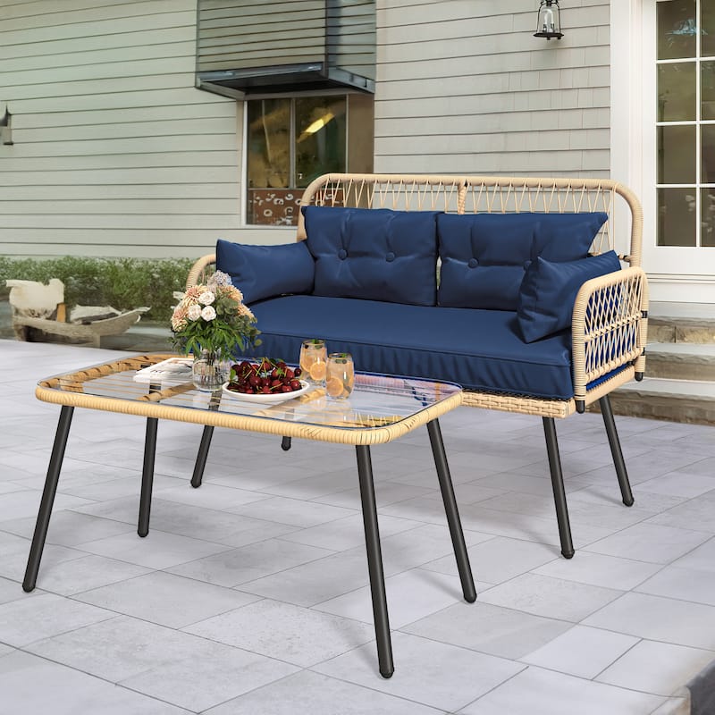 Moasis 2-Piece Outdoor Wicker Loveseat Set Weather-Resistant Rattan Patio Conversation Furniture - 45.3"L x 20.5"W x 32.2"H - Navy Blue